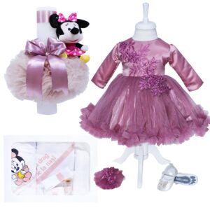 Set complet pentru botez compus din 10 piese, rochie roz pudrat cu bentita, pantofiori, lumanare tip glob cu Minnie Mouse de plus si trusou imprimat cu Minnie Mouse, REC1586