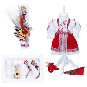 Set complet pentru botez compus din 14 piese, costum popular, lumanare cu tarancuta si trusou brodat cu tarancuta format din 7 piese, REC1596