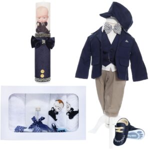 Trusou complet pentru botez baieti, costum bleumarin, trusou brodat "Bebe Boss", lumanare cu "Bebe Boss" si pantofiori, bleumarin, 14 piese, Recostore®, REC2131