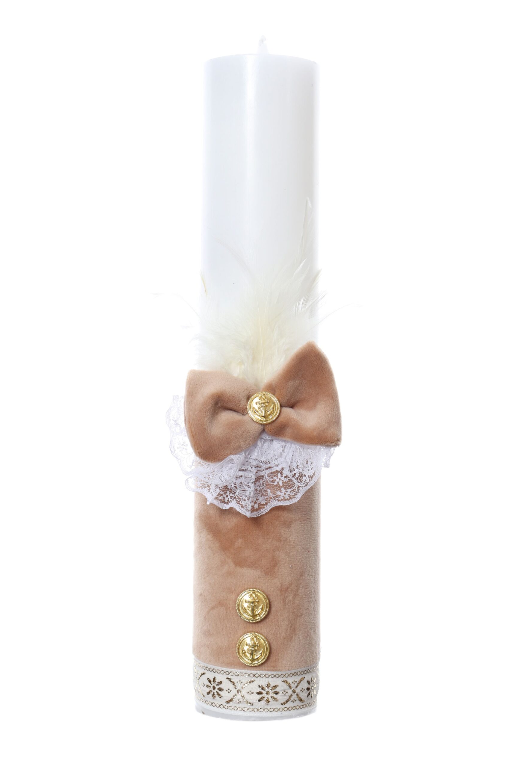 Lumanare botez accesorizata cu catifea crem si papion tip fundita, 35 cm, Recostore®, REC2179