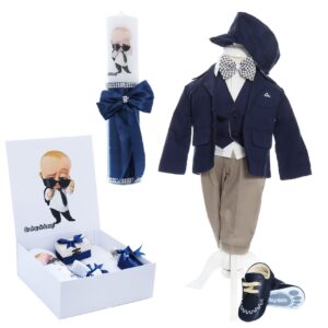 Set trusou complet pentru botez de baieti, 14 piese, costum bleumarin, lumanare cu Bebe Boss, trusou imprimat cu Bebe Boss si pantofiori din piele ecologica, Recostore®, REC2477