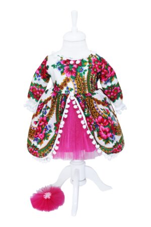 Rochie pentru botez, alb cu imprimeu floral stil gipsy pentru fetite, 2 piese rochie si bentita, REC1186
