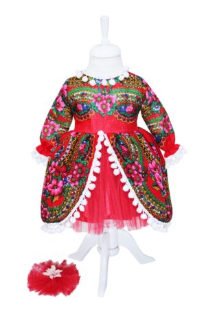 Rochie pentru botez, rosie cu imprimeu floral stil gipsy pentru fetite, 2 piese rochie si bentita, REC1185