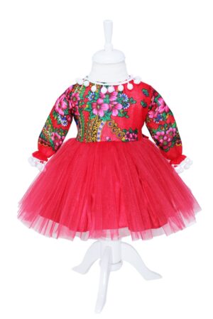 Rochie pentru botez, rosie cu imprimeu floral stil gipsy pentru fetite, REC1184