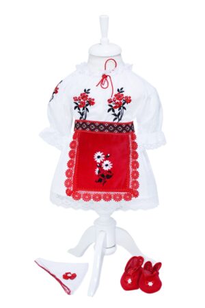 Costum popular alb-rosu, 5 piese, bluza, fusta, fota, botosi, batic pentru fetite, REC1183