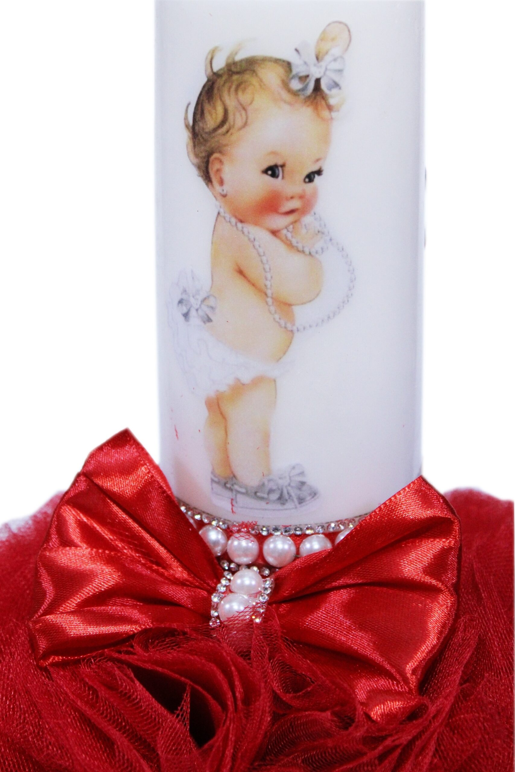 Lumanare rosie pentru botez, cu bebe printesa imprimata, tulle rosu si perle, 35x7 cm, REC79 - imagine 3