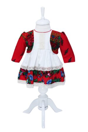 Rochie alba stil traditional cu imprimeu floral, 3 piese, rochie, bolero, bentita pentru fetite, REC1177