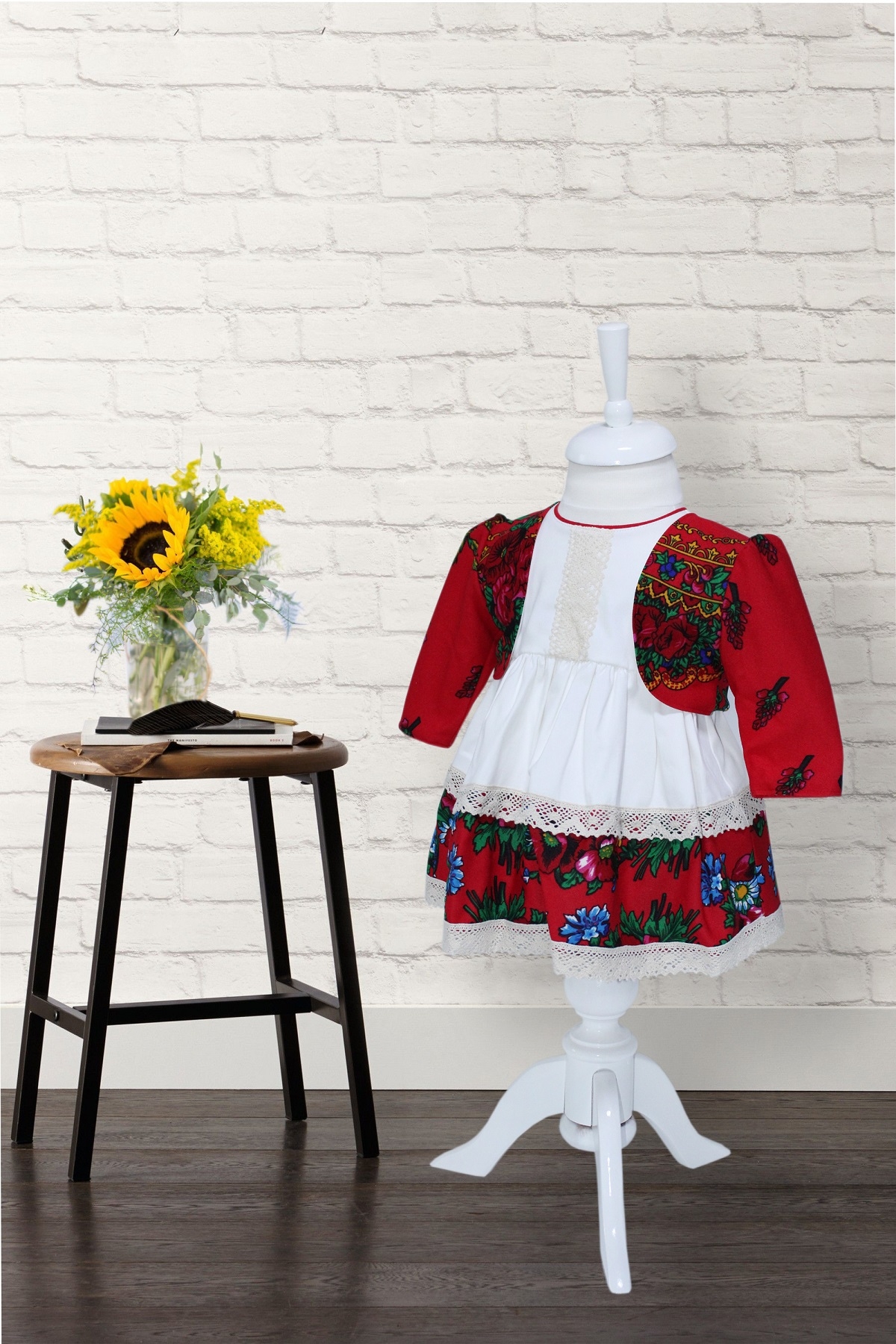 Rochie alba stil traditional cu imprimeu floral, 3 piese, rochie, bolero, bentita pentru fetite, REC1177 - imagine 7