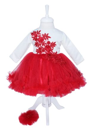 Rochie de culoare alb-rosu din satin si tulle pentru botez, 2 piese, rochie si bentita, REC1176