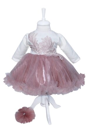 Rochie de culoare alb-roz pudrat din satin si tulle pentru botez, 2 piese, rochie si bentita, REC1174