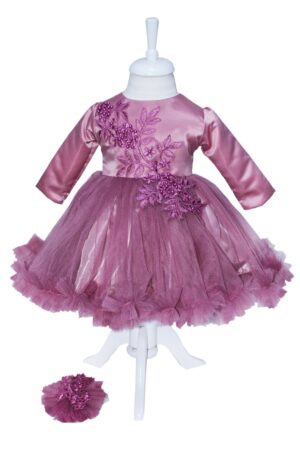 Rochie de culoare mov plamaniu din satin si tulle pentru botez, 2 piese, rochita si bentita, REC1172