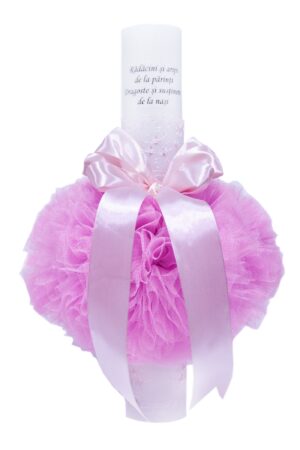 Lumanare roz „Radacini si aripi” pentru botez, cu tulle roz si funda, 35x5 cm, REC113
