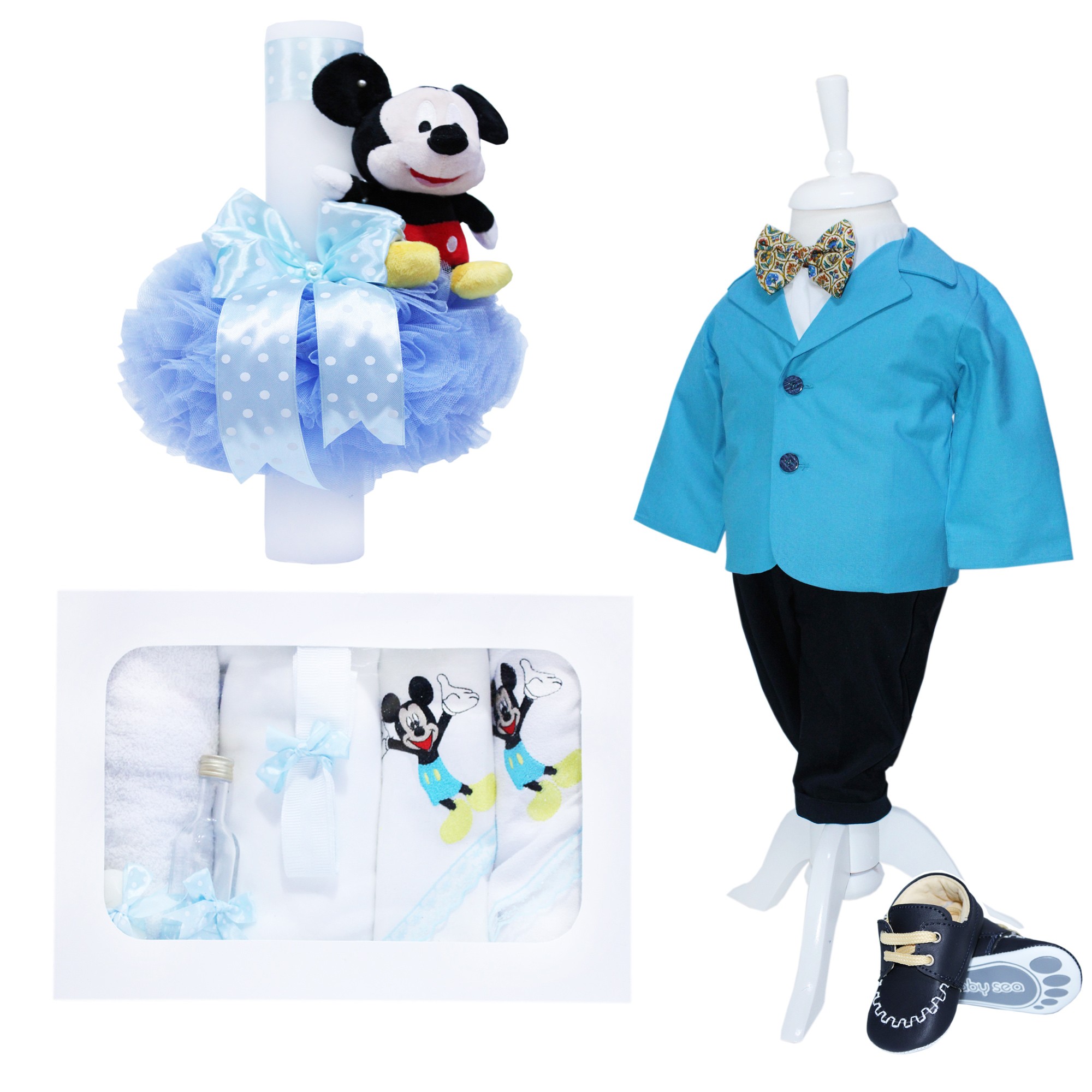 Set complet pentru botez, lumanare cu tulle bleu si jucarie de plus "Mickey Mouse", trusou compus din 7 piese brodat cu Mickey Mouse, costum turcoaz format din 5 piese si pantofiori, REC1270 - imagine 9