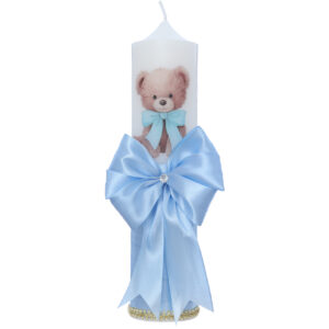 Lumanare de botez cu ursulet cu fundita, bleu, 30x7 cm, Recostore®, REC5002/43