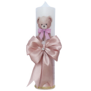 Lumanare de botez cu ursulet cu fundita, roz pudrat, 30x7 cm, Recostore®, REC5002/44