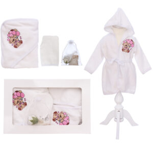Set pentru prima baita cu nasii, halat, prosop, manusa si saculet mirodenii, model cu Ursulet cu baloane, REC3283