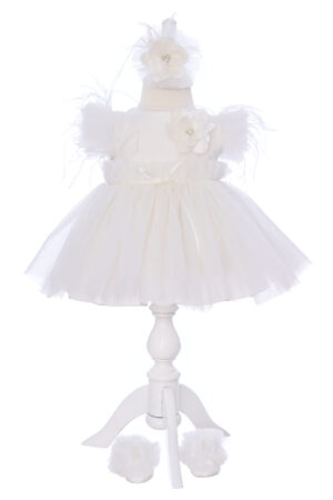 Rochita alba de vara pentru botez, 3 piese, rochie, bentita si botosei, Recostore®, REC3299