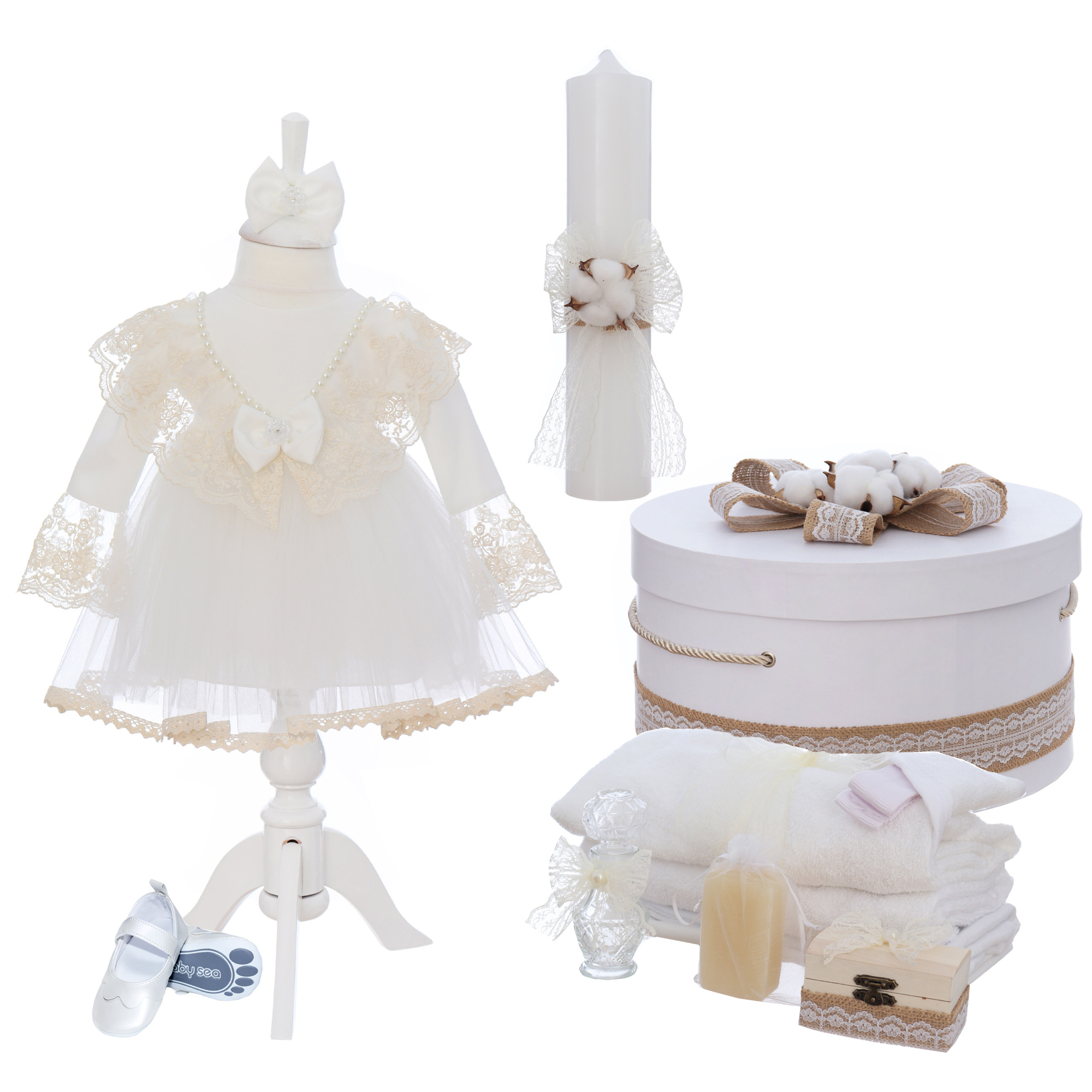 Trusou botez fete, model simplu cu flori de bumbac, Recostore®, REC3251