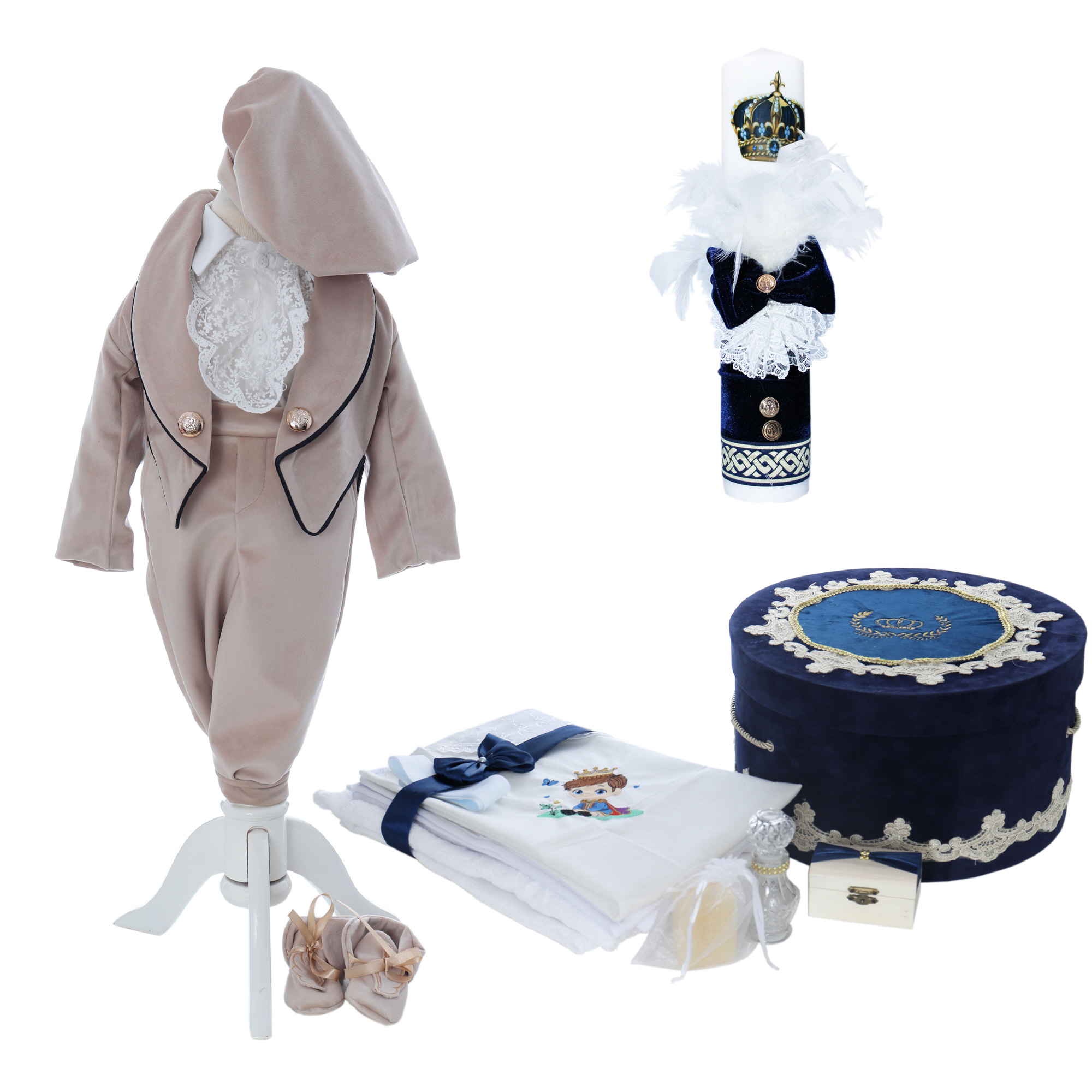 Trusou botez baiat, model Print Charles, culoare crem-bleumarin, necesare biserica, Recostore®, REC3179